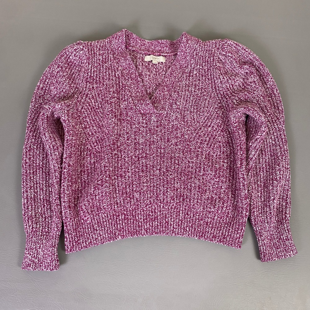 LOFT Sweater‎ Women's Size XL Pink White Marled V-Neck Puff Sleeve Knit